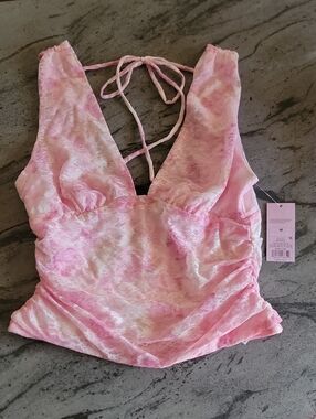 WILD FABLE Printed Lace Ruched Deep V Tank Blouse PINK WHITE sz M NWT